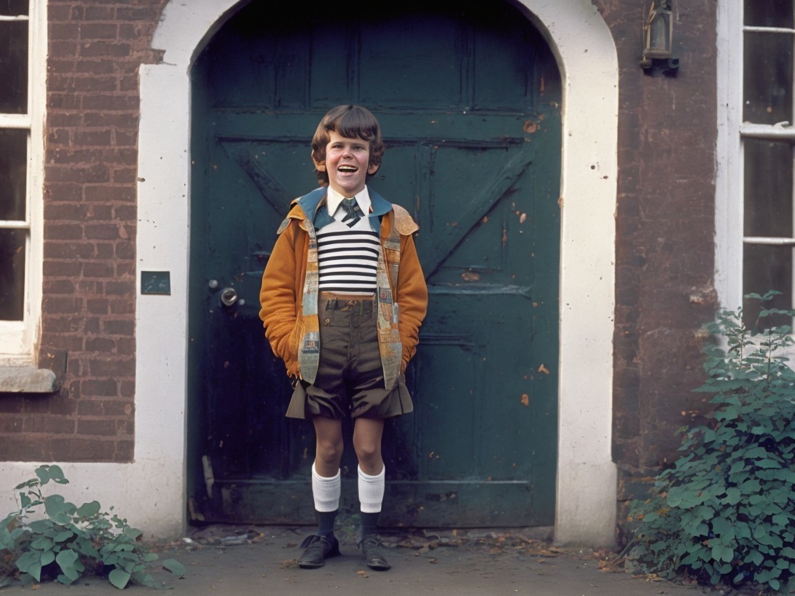 Young Boy in Playful Outfit by Rustic Green Door