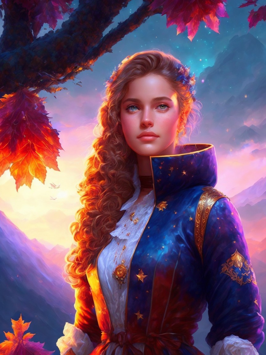 Young woman in blue and gold coat at sunset