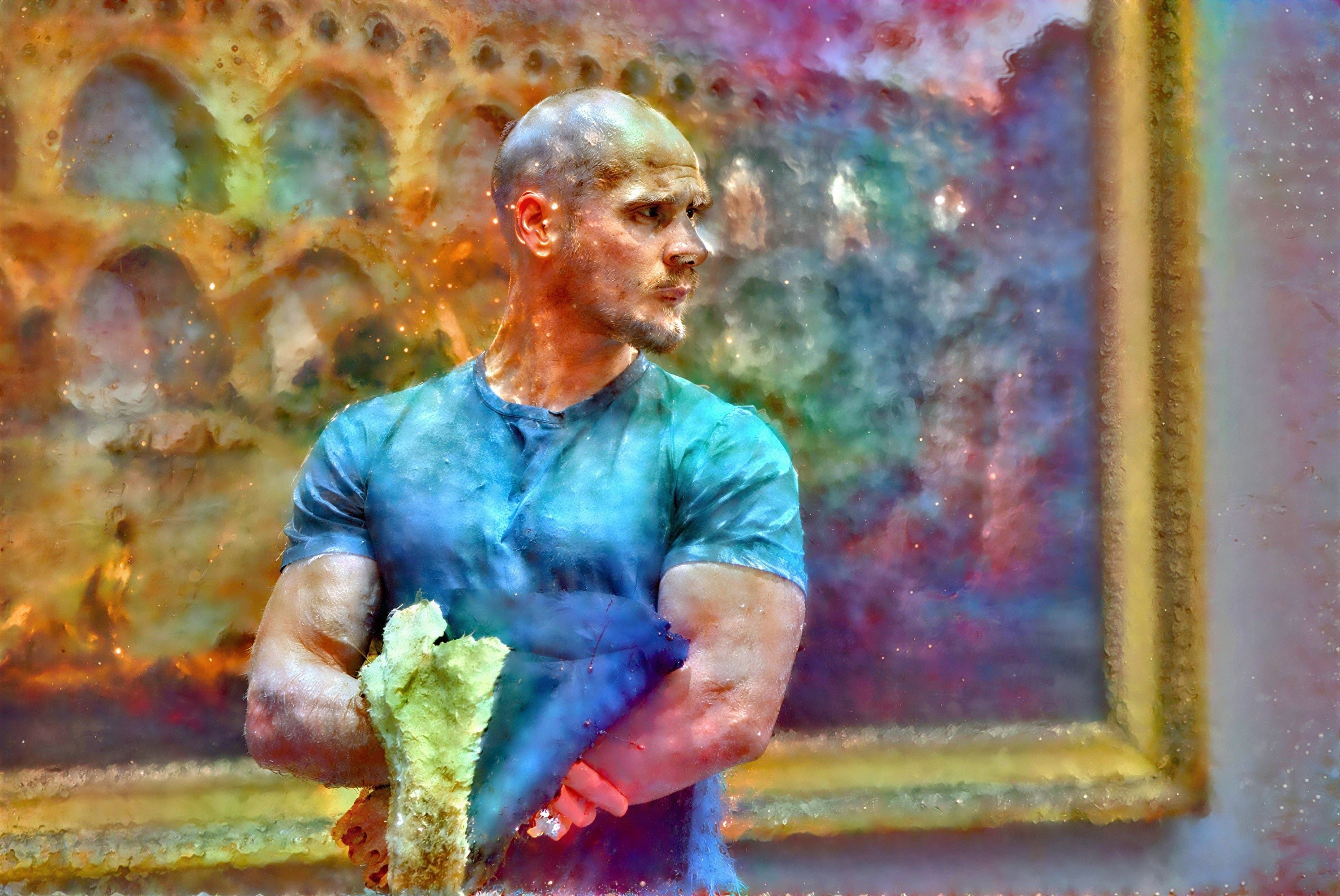 Detailed Watercolor Portrait of a Muscular Bald Man