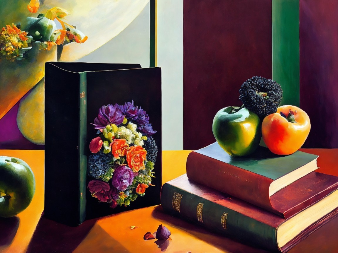 Vibrant Still Life with Floral Arrangements and Apples