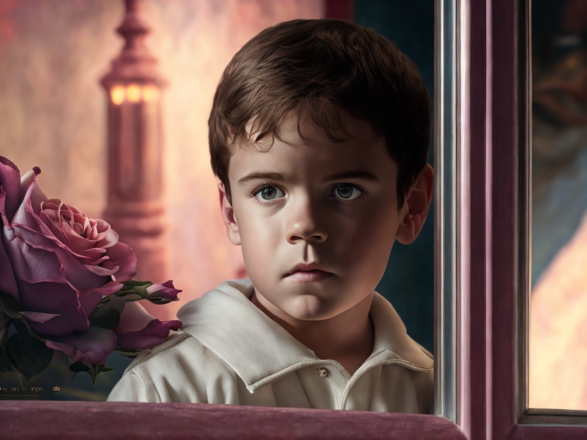 Young boy gazing out window with roses in foreground