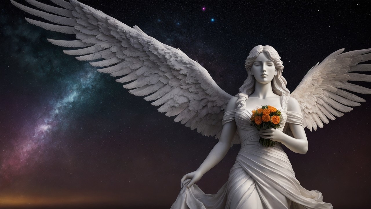 Majestic White Angel Statue with Cosmic Backdrop