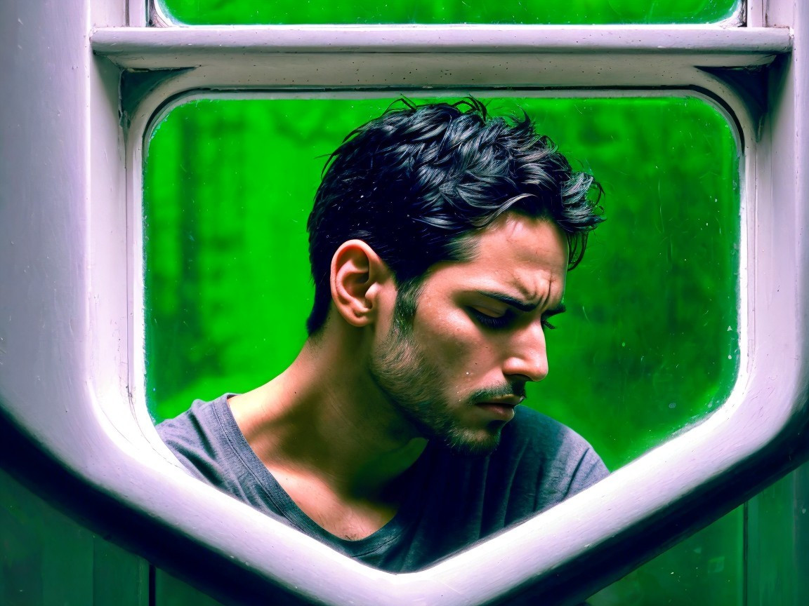 Young man in profile framed by a window and greenery