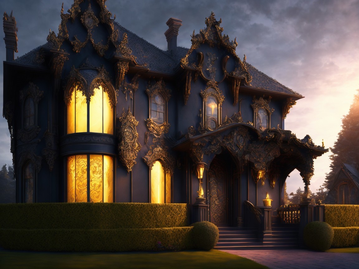 Gothic Mansion with Intricate Carvings and Gold Accents