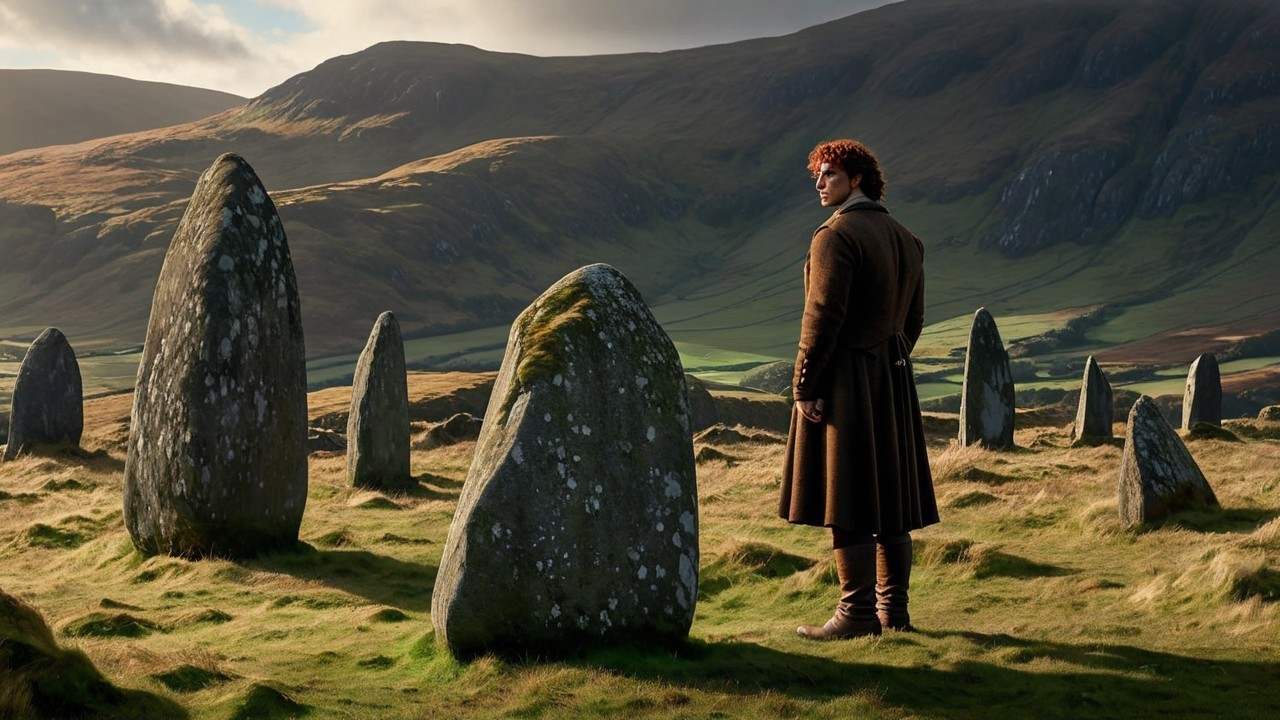 Lone Figure Among Ancient Monoliths in Serene Landscape