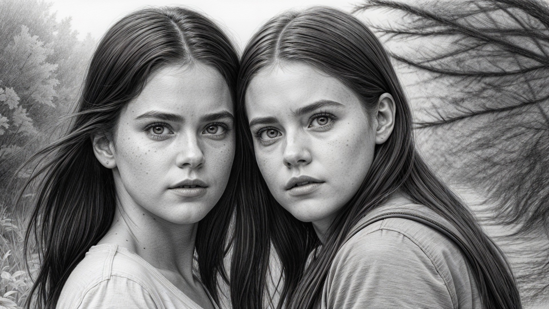 Young women in misty landscape with expressive features