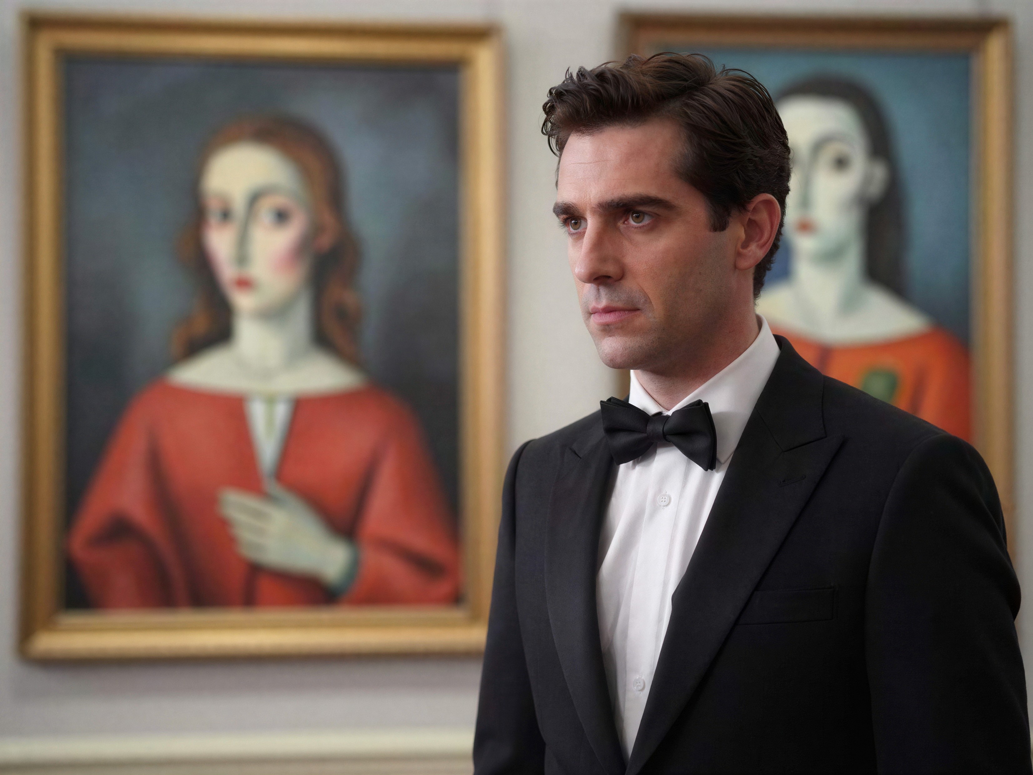 Man in Tuxedo with Framed Paintings in Background
