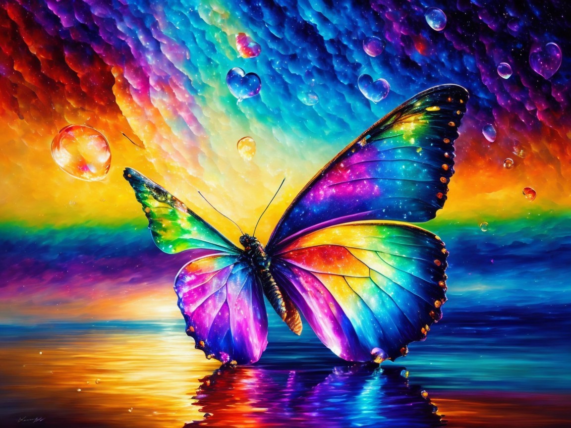 Vibrant Butterfly Above Shimmering Colorful Surface
