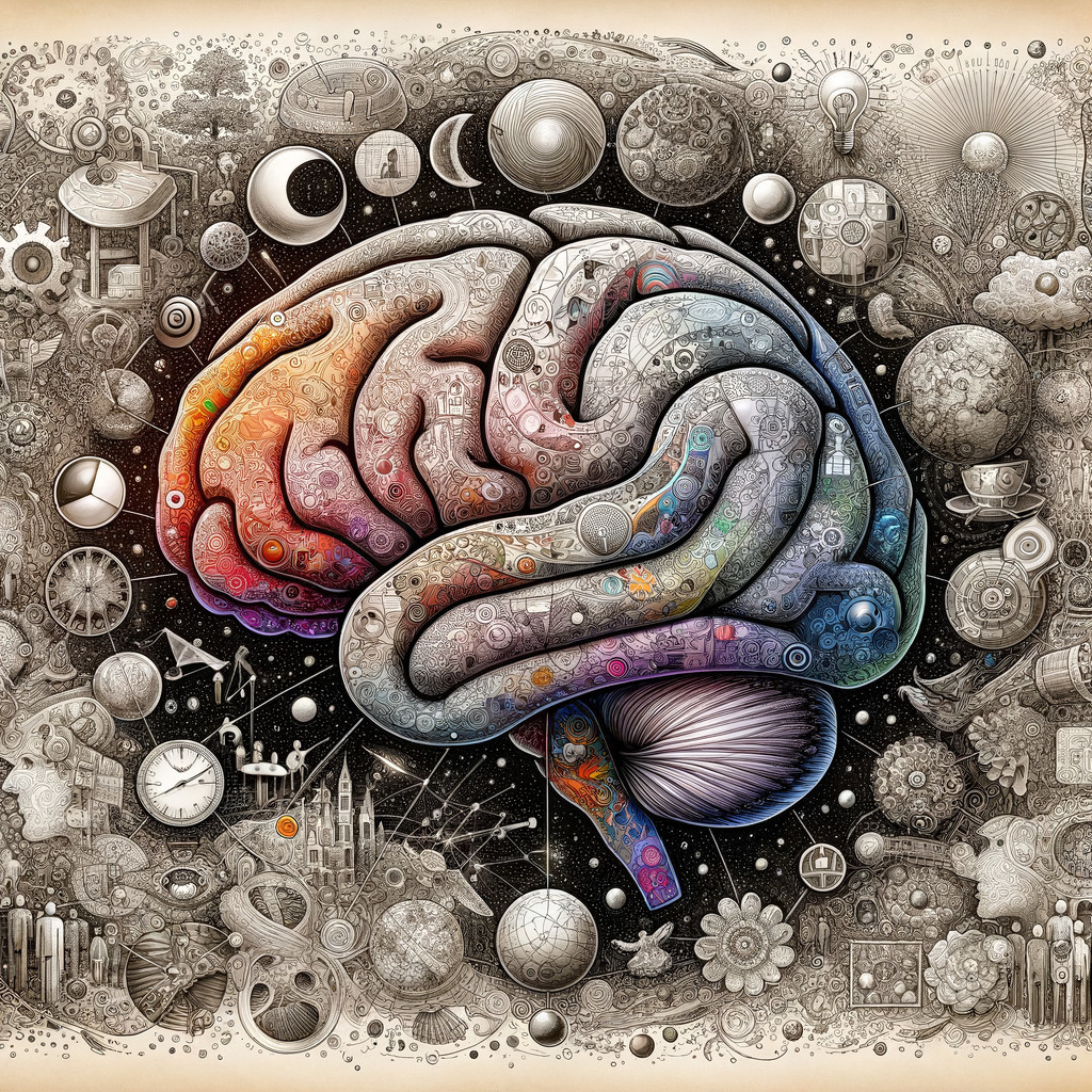 Colorful Brain Surrounded by Intricate Patterns and Symbols