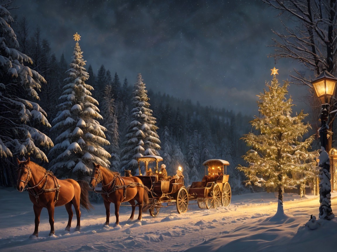 Snowy Night Scene with Horses and Classic Carriage