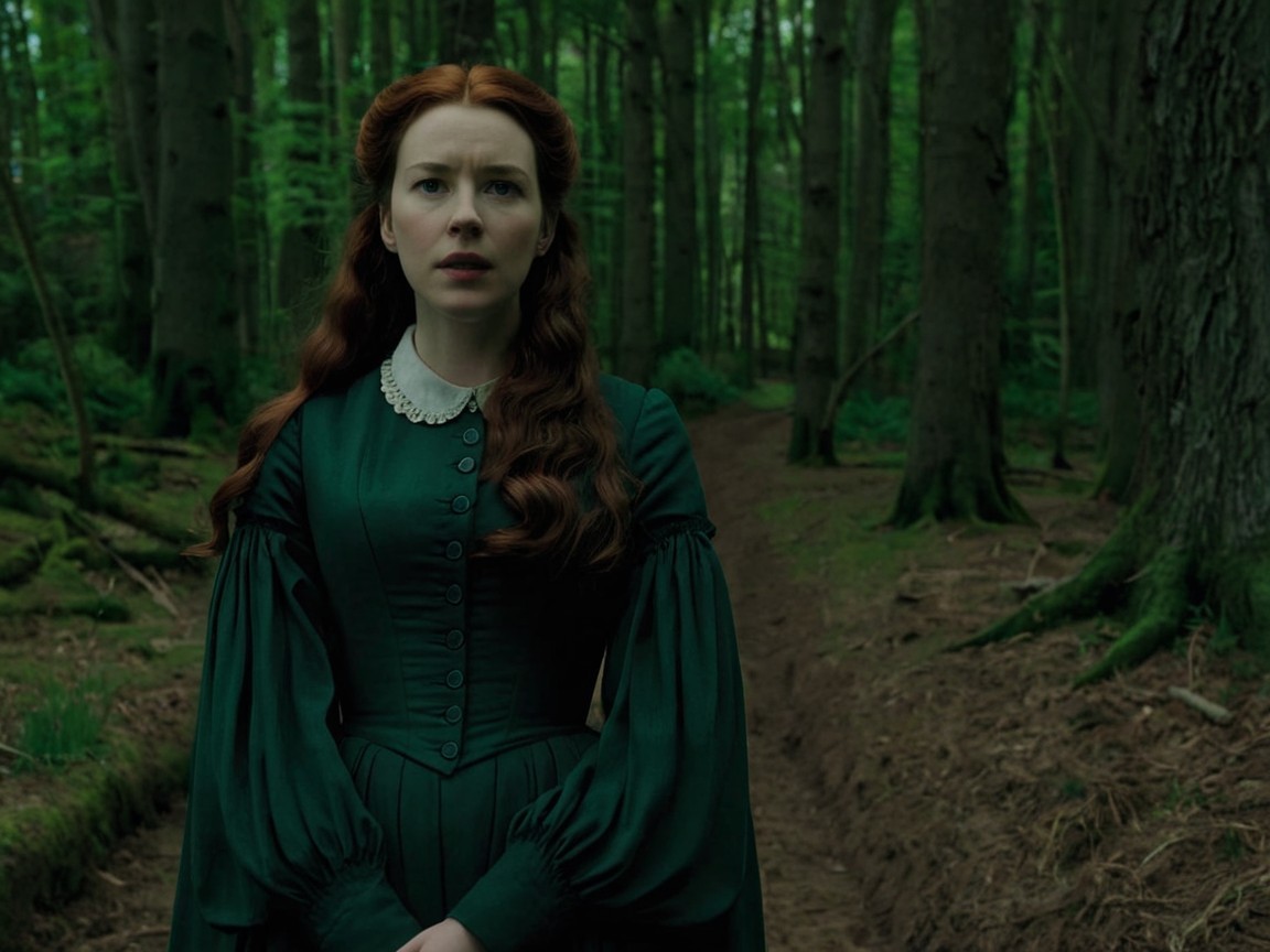 Woman in Vintage Dress in a Lush Green Forest