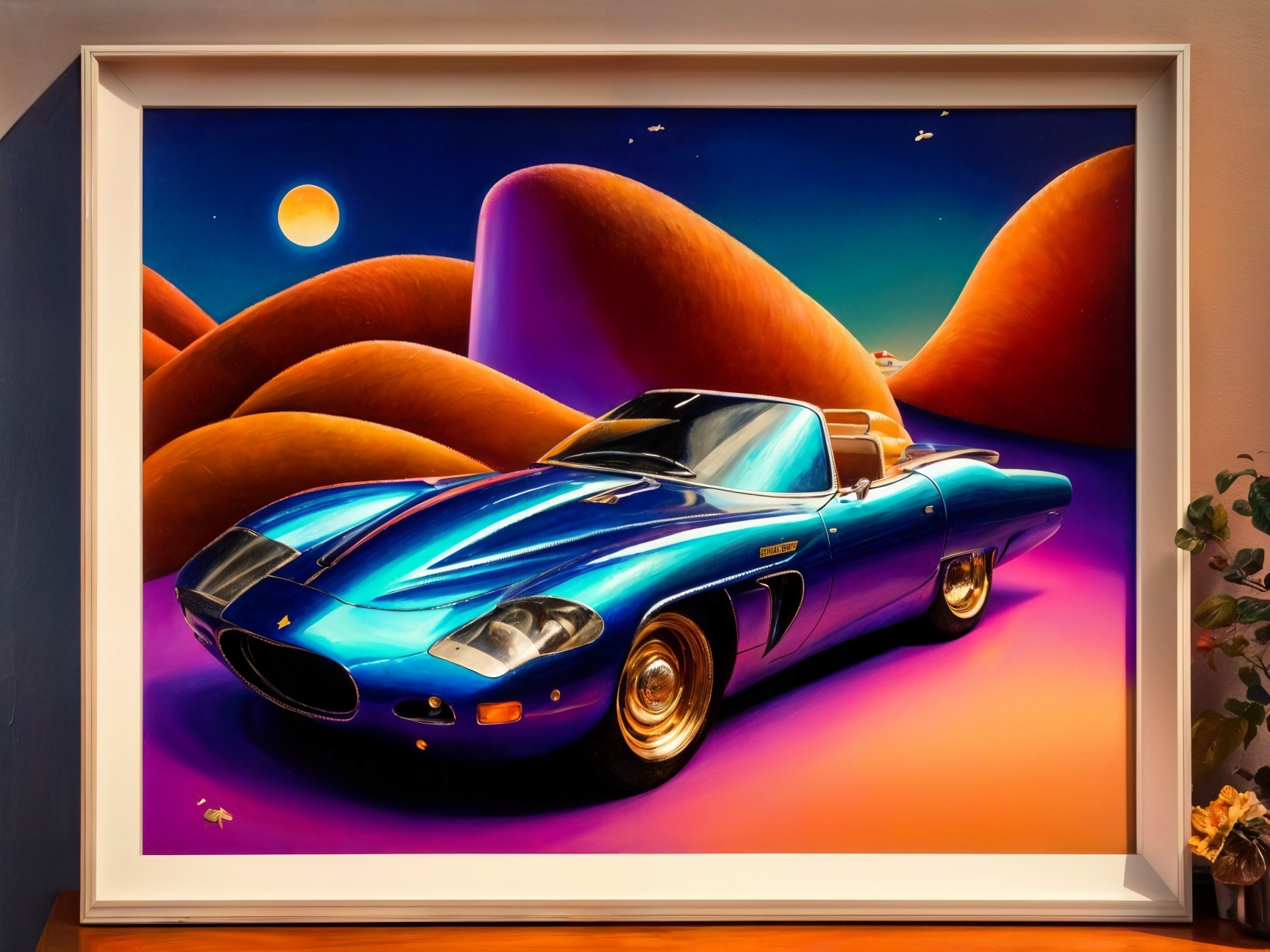 Vibrant Blue Convertible in Surreal Sand Dunes Scene