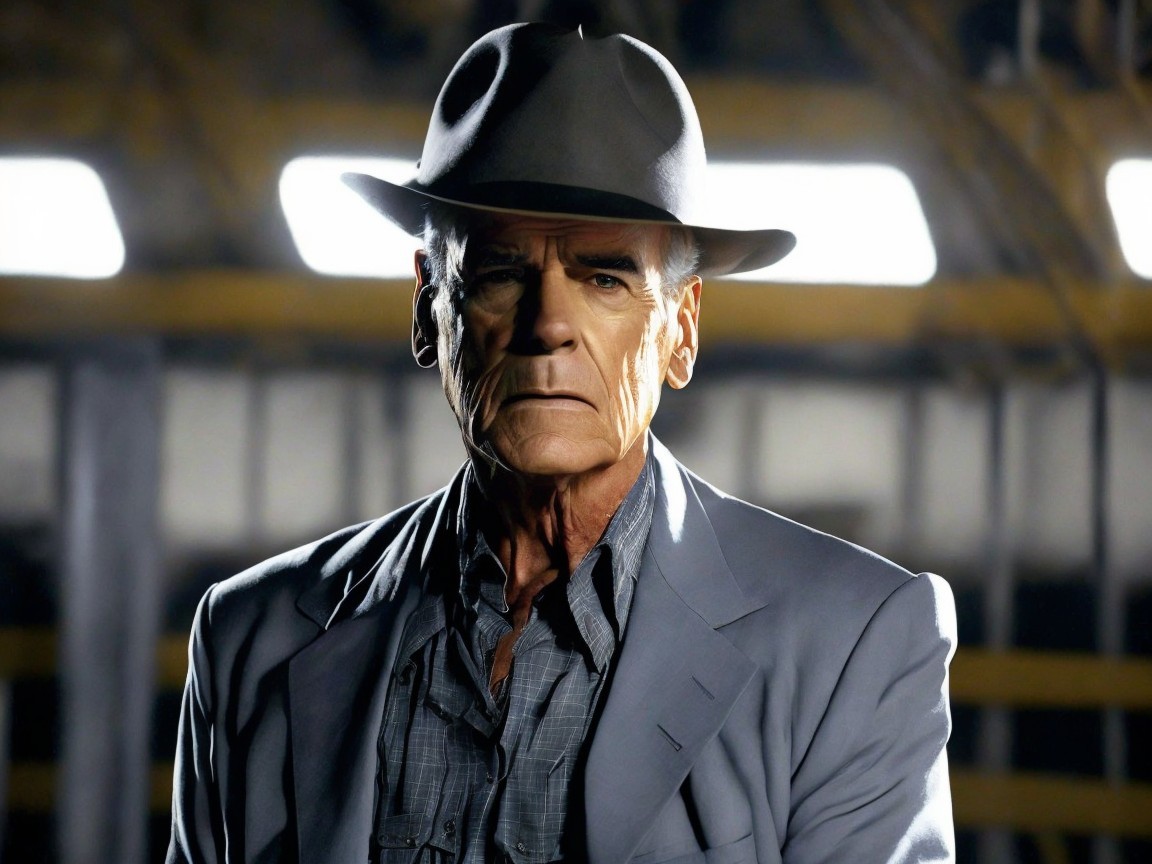Stern Man in Gray Hat and Suit Against Industrial Backdrop