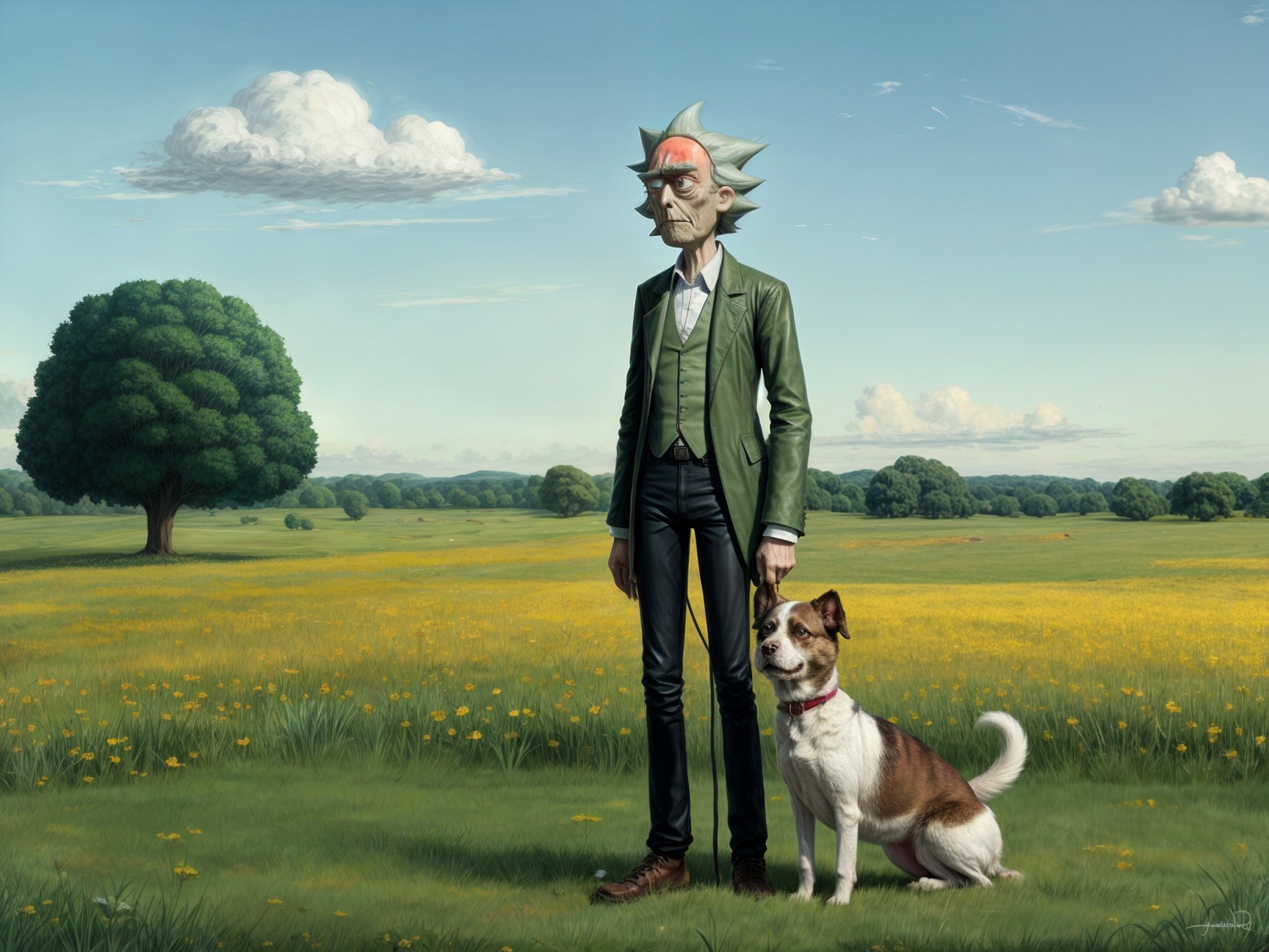 Character in Meadow with Dog and Vibrant Landscape