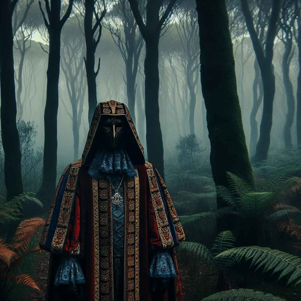 Mysterious Figure in Foggy Forest with Beaked Mask