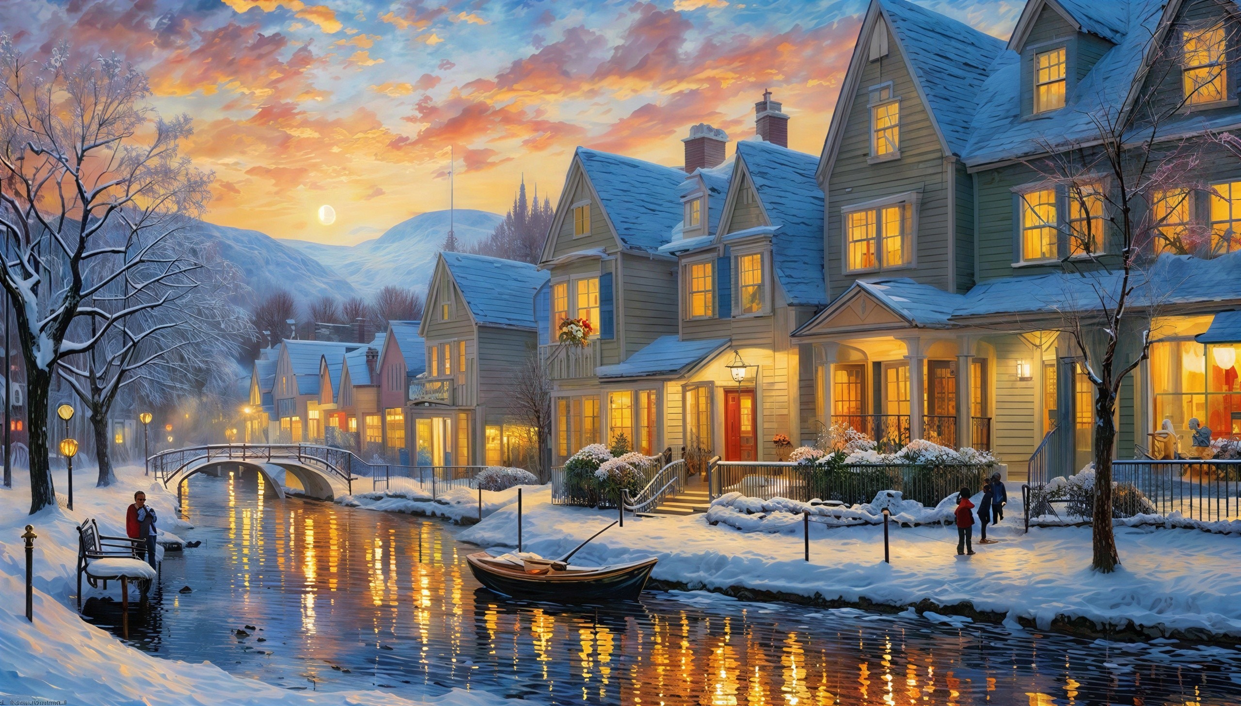 Snowy Village Scene at Dusk with Cozy Houses and Canal