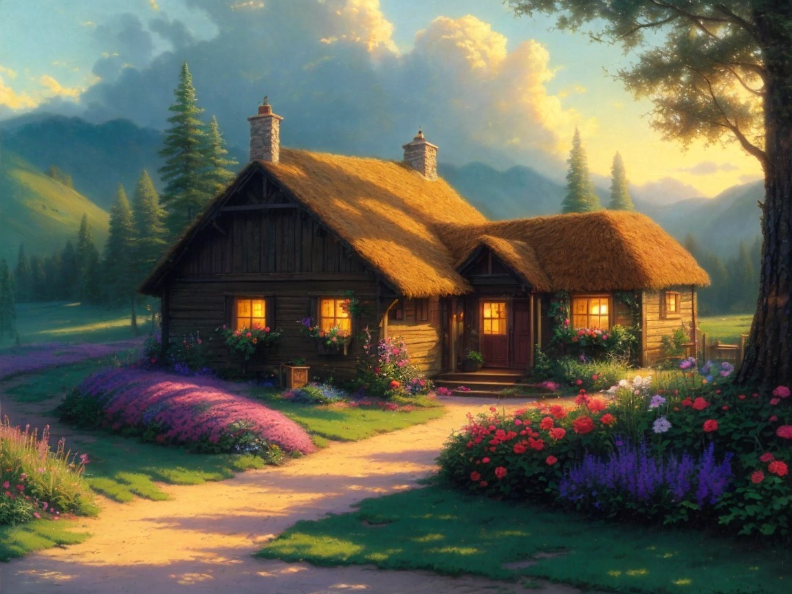 Rustic cottage with thatched roof and flowerbeds