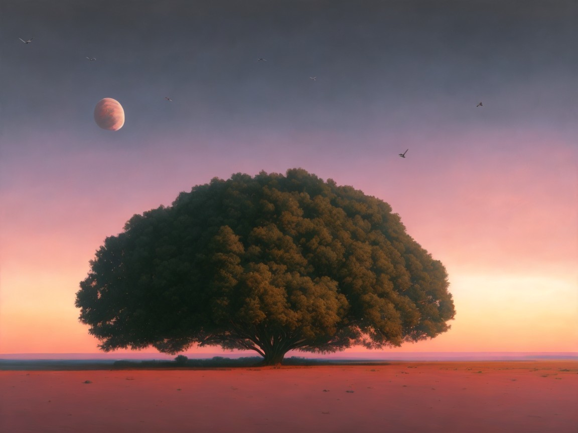 Twilight Landscape with Majestic Tree and Distant Planet