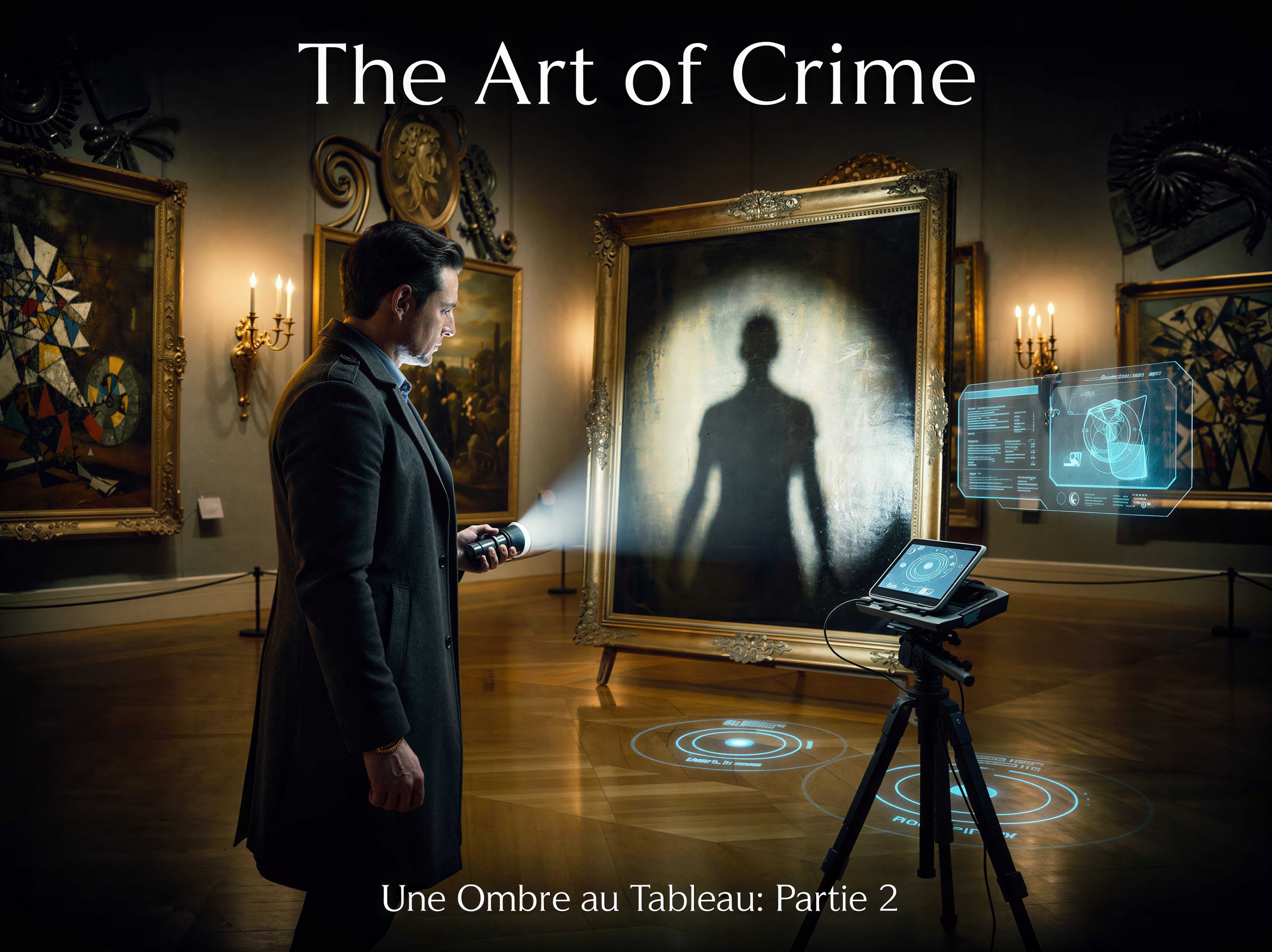 Man with Flashlight in Dim Art Gallery with Paintings