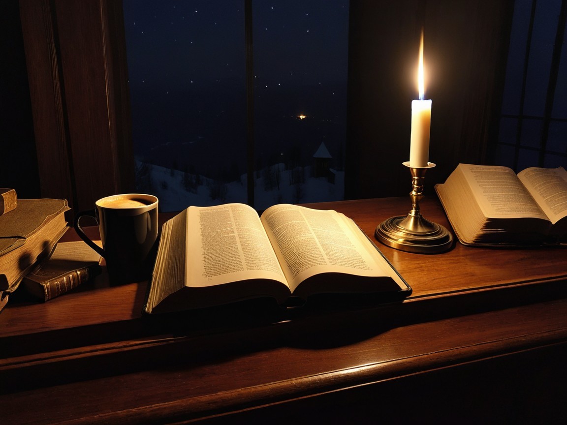 Cozy Night Reading Scene with Books and Candlelight