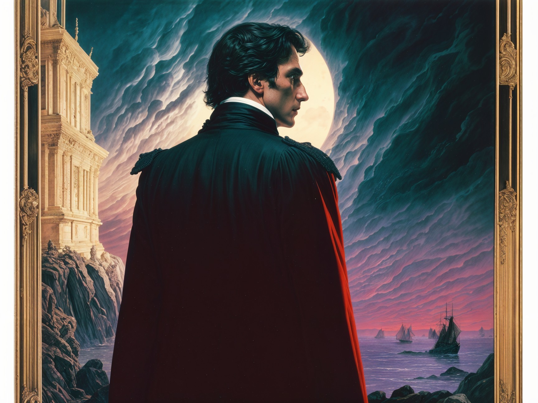 Mysterious Figure in Red Cape on Rocky Coastline