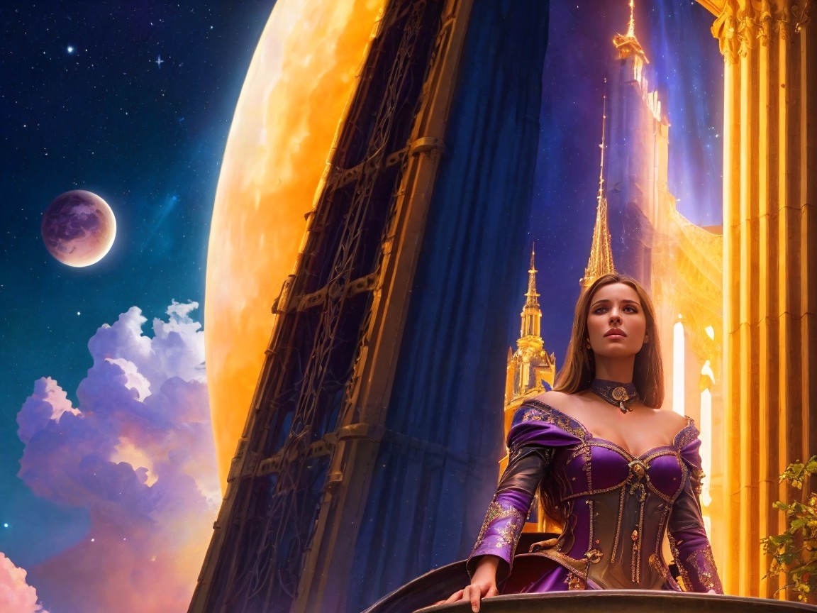 Majestic Figure in Ornate Gown Amidst Fantastical Landscape