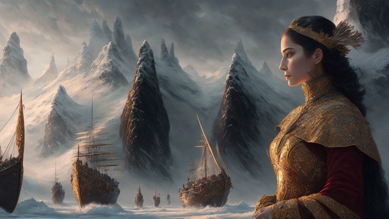 Regal Figure in Golden Armor Against Snowy Landscape