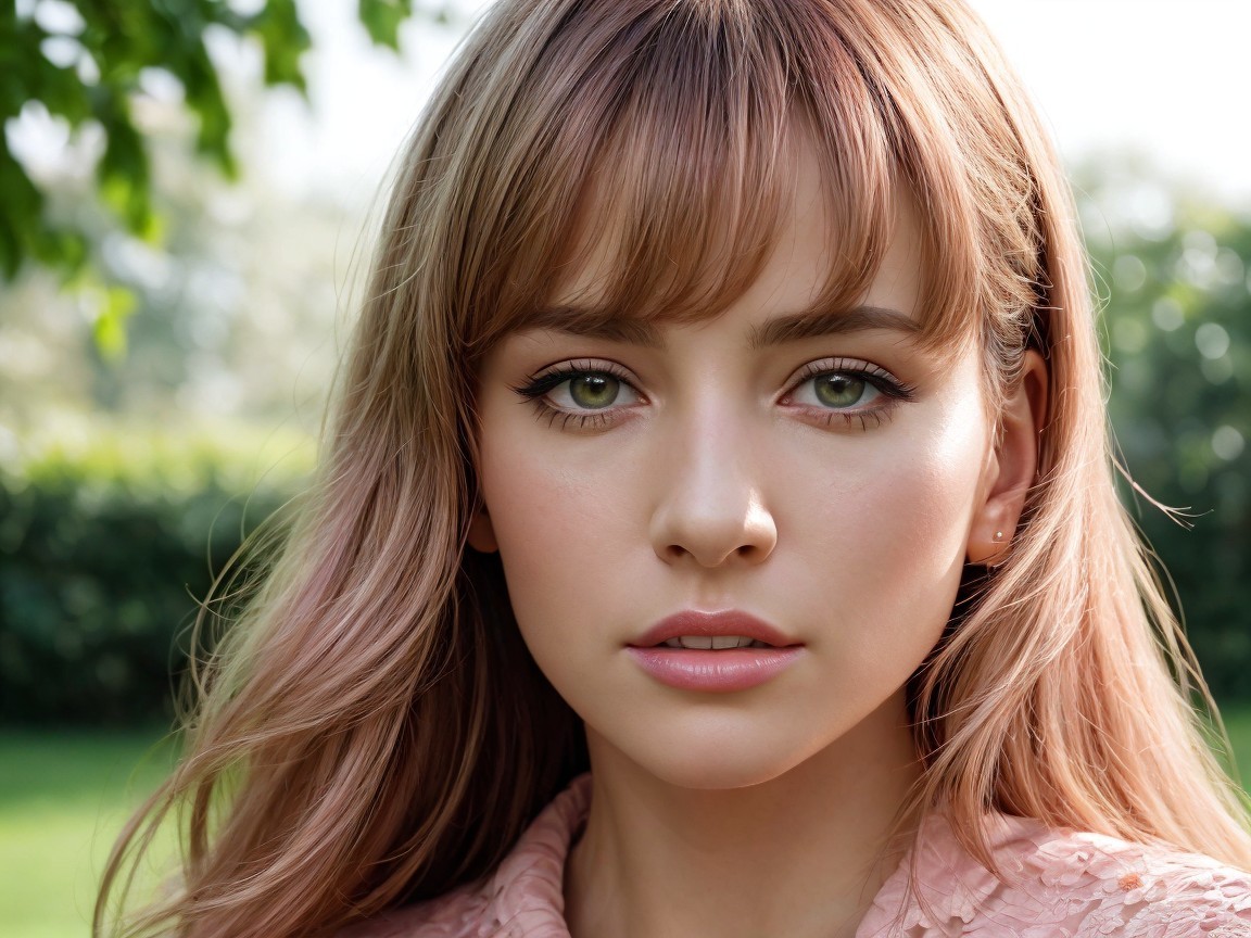 Young woman with pink hair and green eyes outdoors