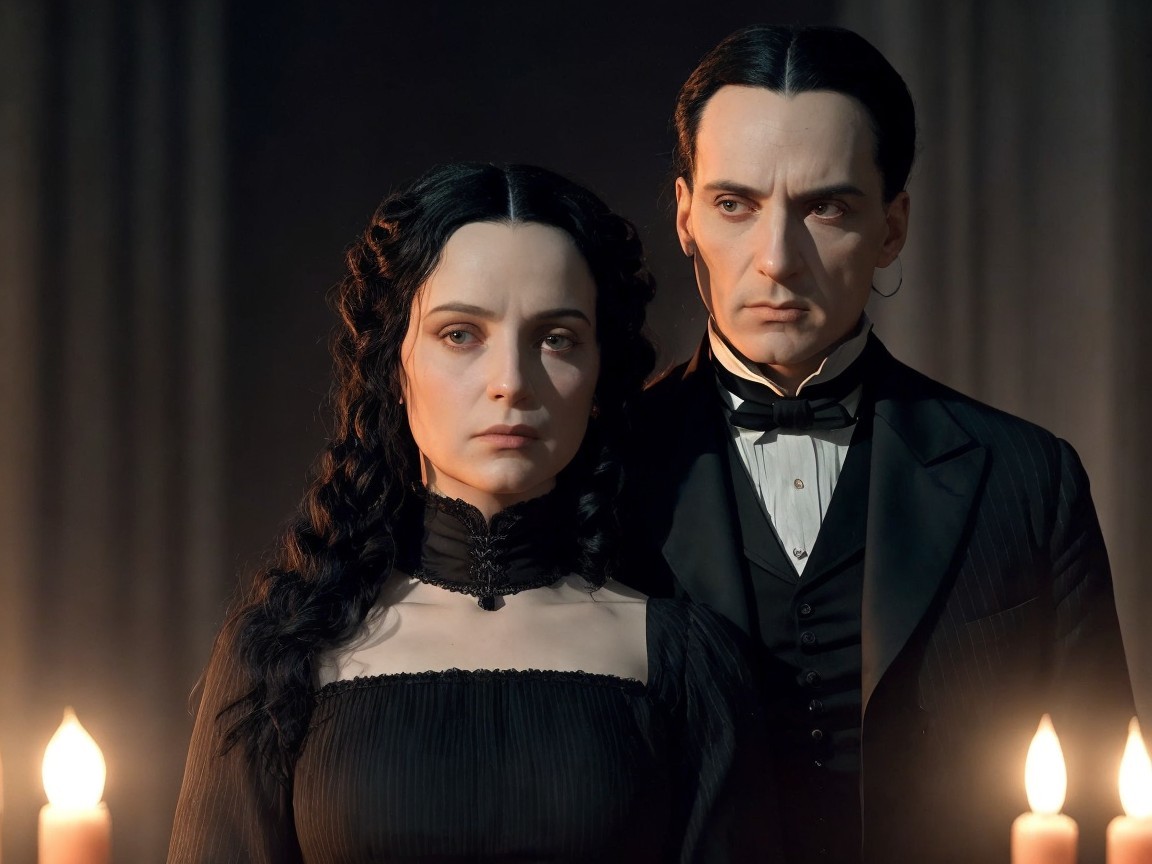 Elegant Figures in Dimly Lit Gothic Scene