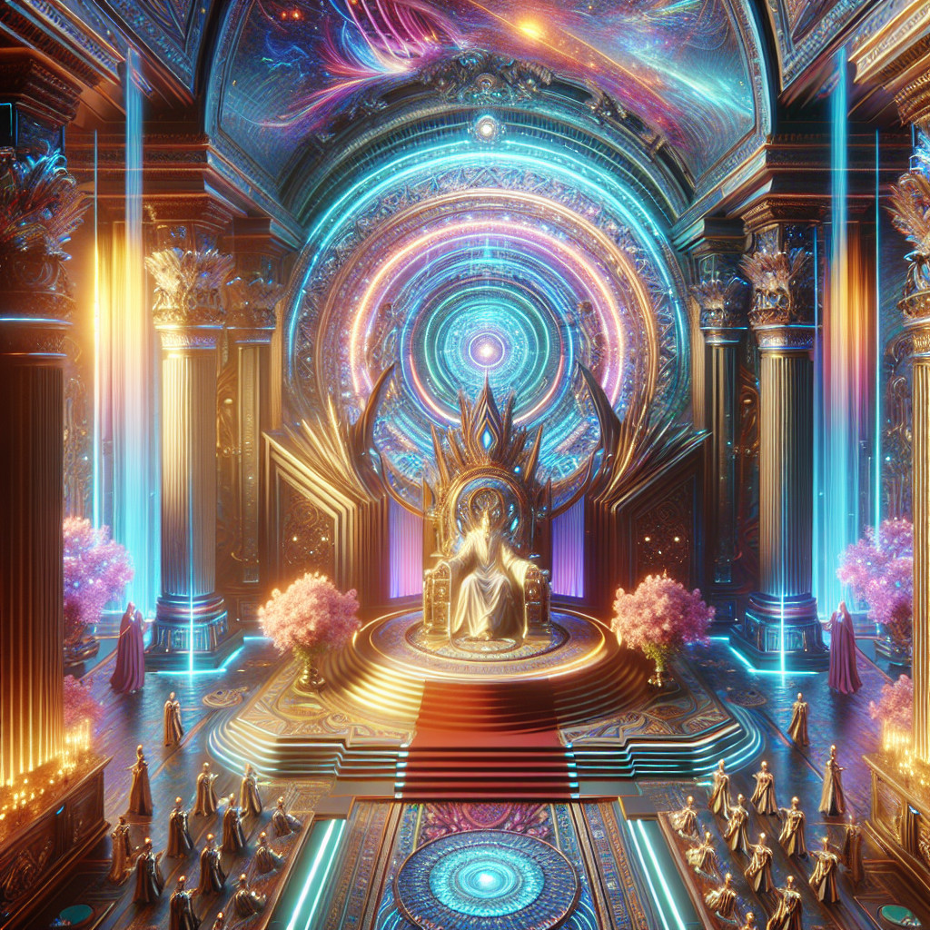 Futuristic palace with throne and ethereal figures