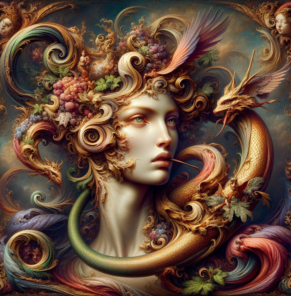 Enchanting Figure with Flowing Hair and Dragon