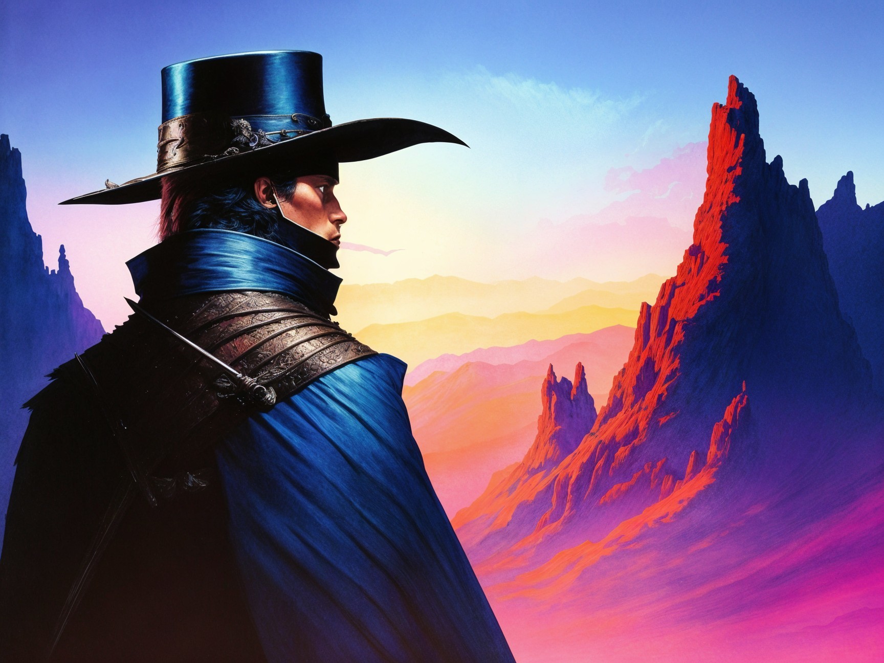 Lone Figure in Colorful Landscape with Mountains