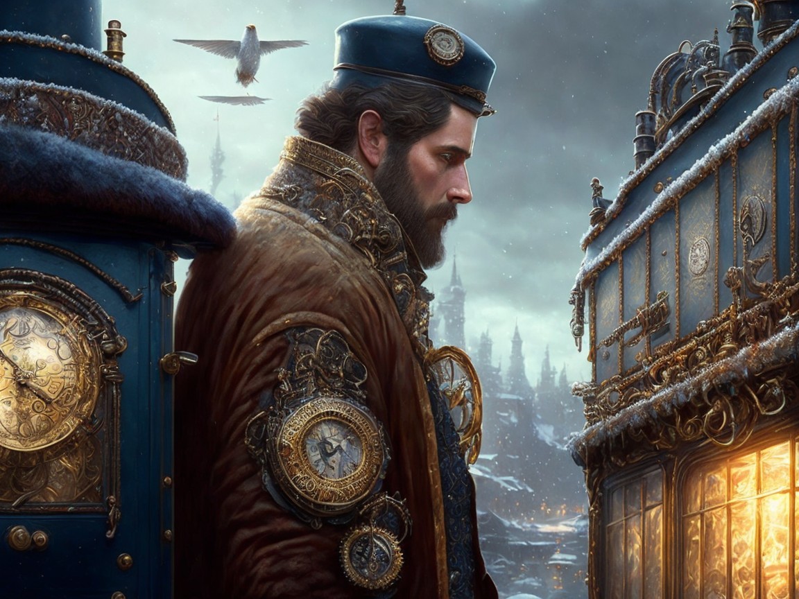Regal Figure in Steampunk Setting with Clockwork Machinery