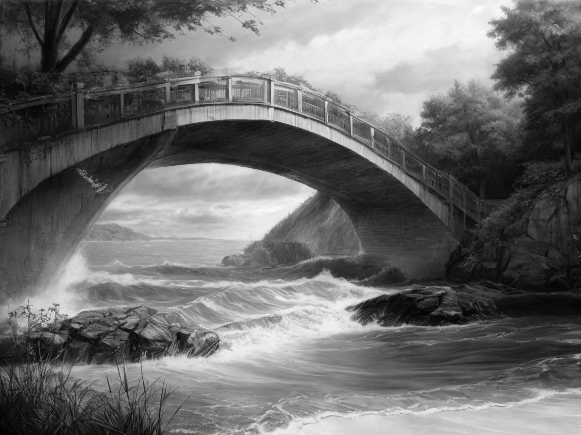Black and White Illustration of a Stone Bridge Over Water