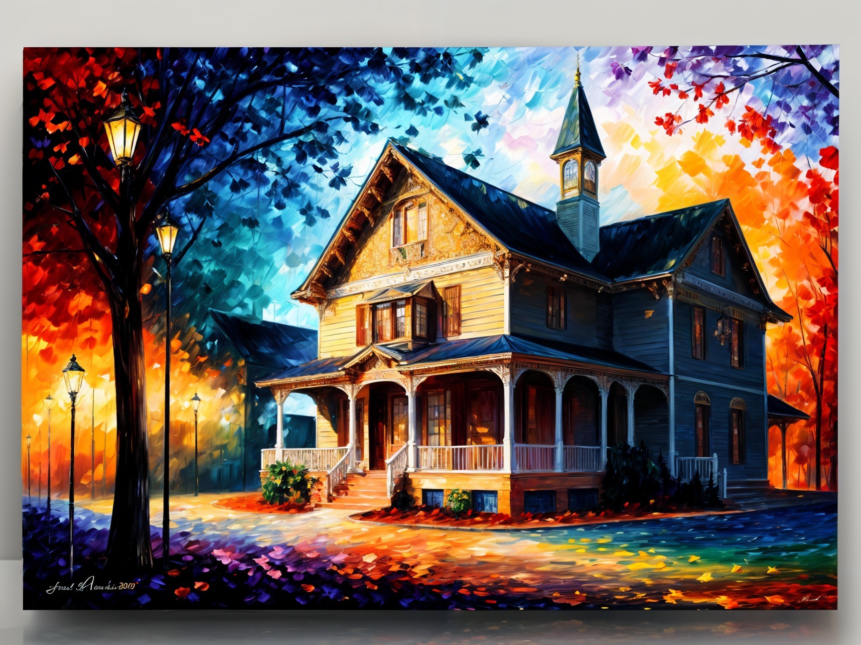 Impressionistic Painting of a Victorian House in Autumn