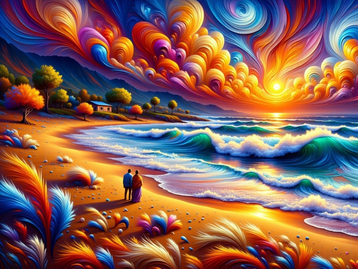 Vibrant Sunset Over Serene Beach with Gentle Waves