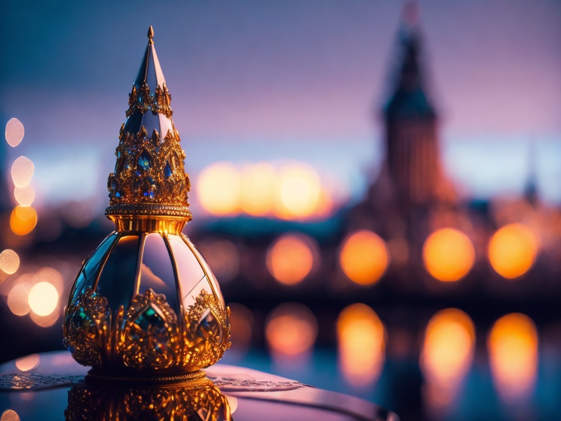 Golden Cone-Shaped Ornament Against Blurred Cityscape