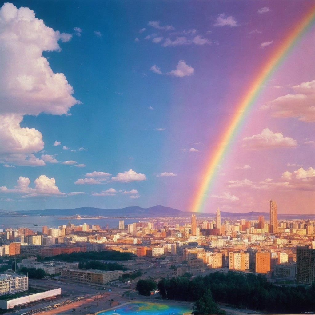 Vibrant cityscape with rainbow and lush greenery