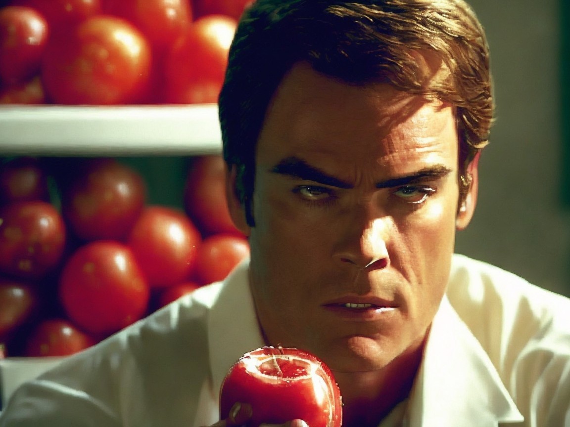 Man Holding Sliced Tomato with Vibrant Red Backdrop