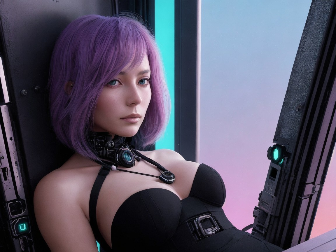 Futuristic character with pastel hair in neon setting