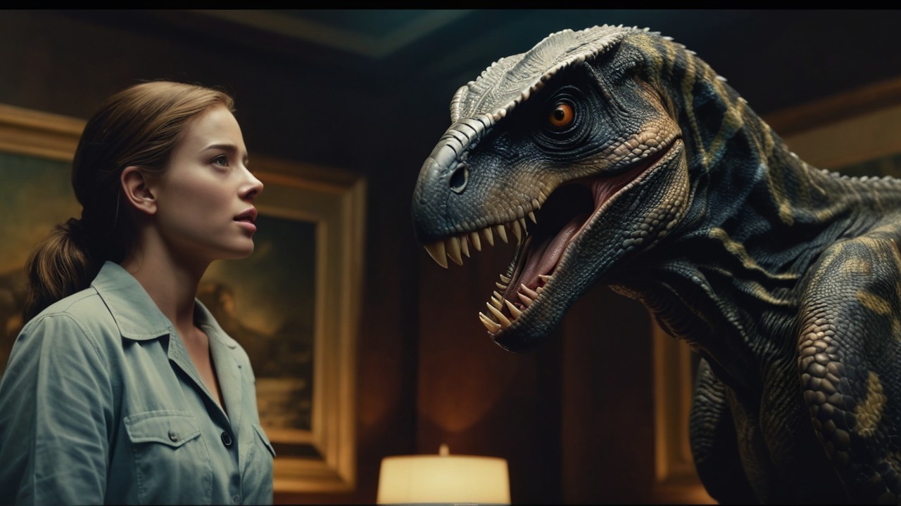 Dinosaur Encounter in a Dimly Lit Room with Artwork