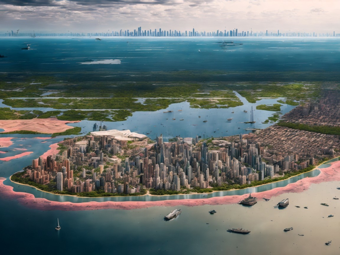 Aerial View of a Futuristic Island City Complex