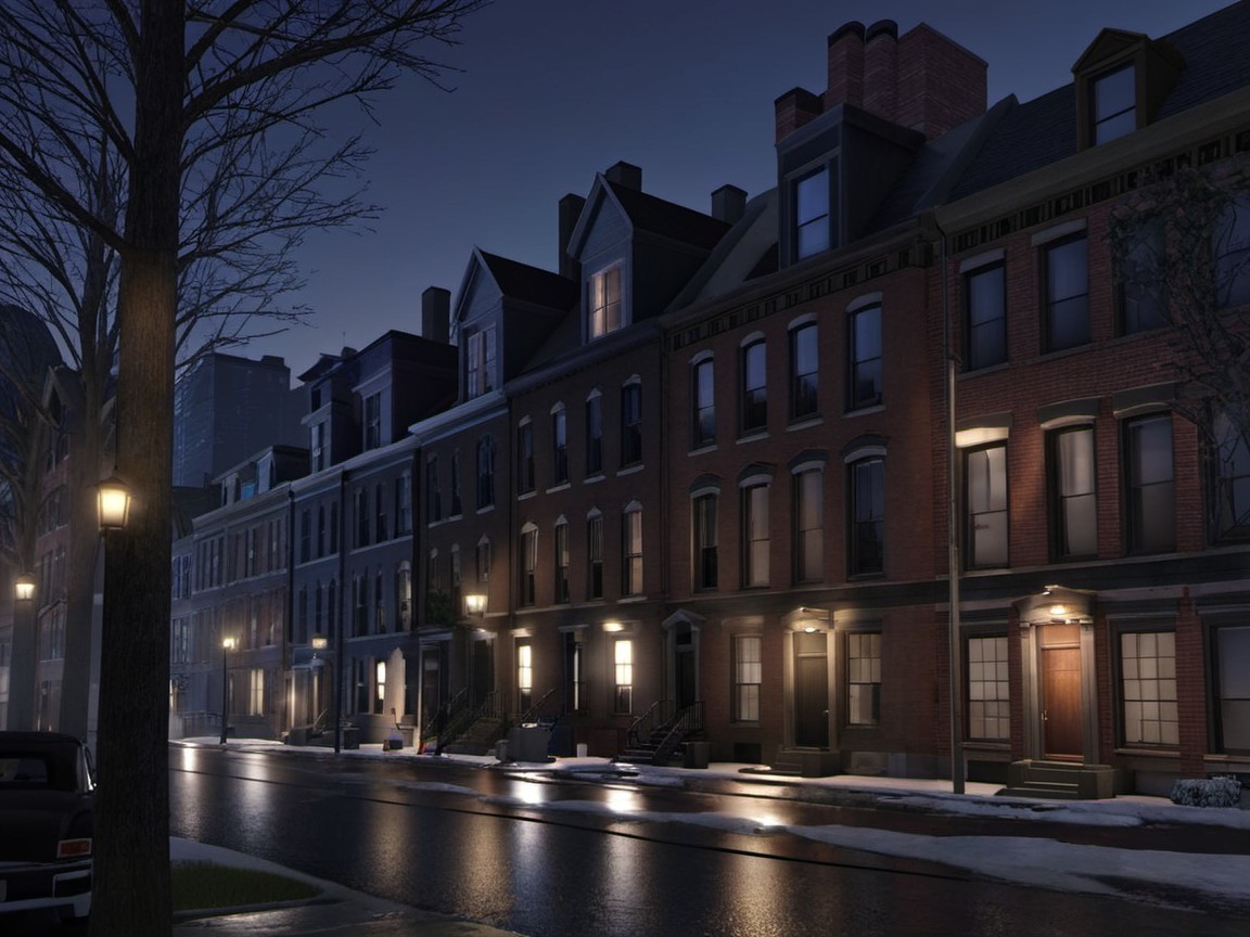 Quiet Night Street with Brownstone Buildings and Snow