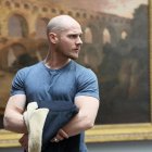 Detailed Watercolor Portrait of a Muscular Bald Man