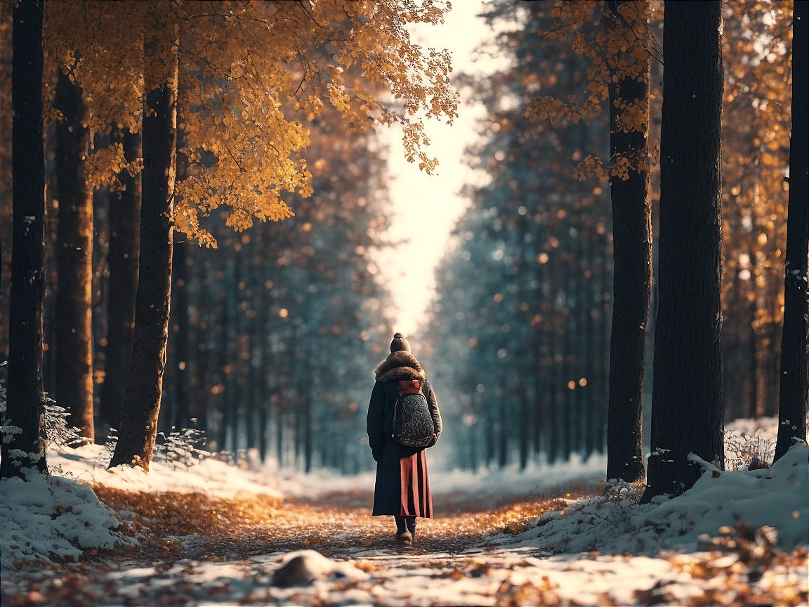 Lone Figure Walking in Serene Autumn Forest