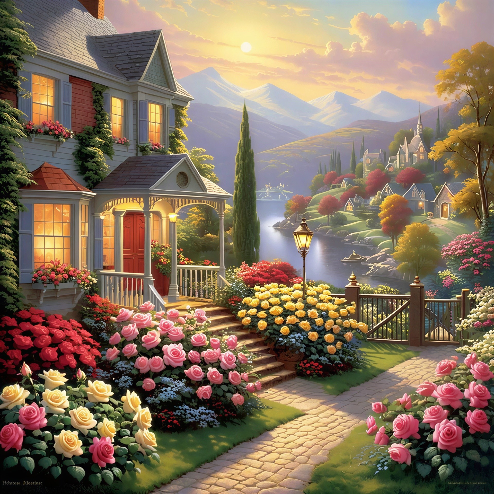 Oil Painting of Grand House with Garden and Lake View