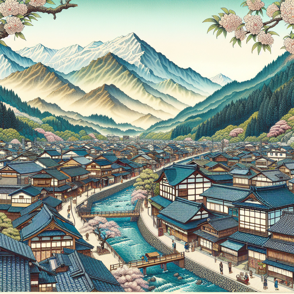 Traditional Japanese Town Surrounded by Mountains