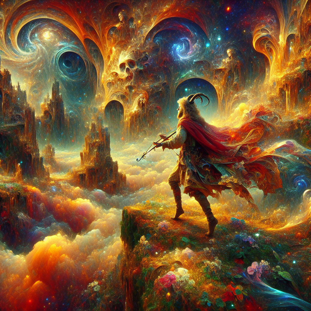 Mystical figure playing violin in cosmic landscape