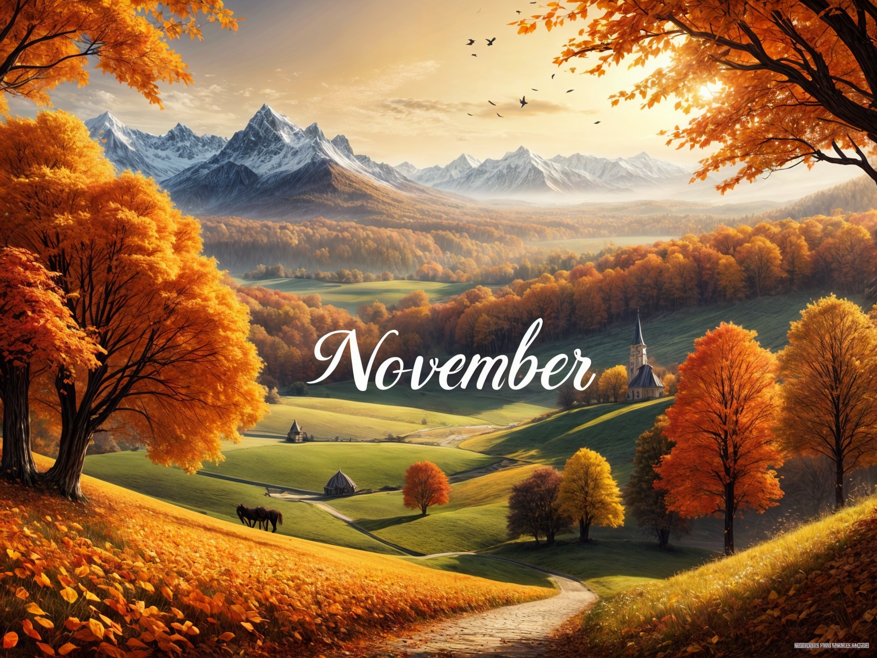 Autumn Landscape with Trees, Hills, and Mountains