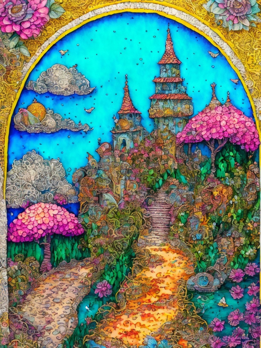 Whimsical Castle Landscape with Colorful Trees and Sky